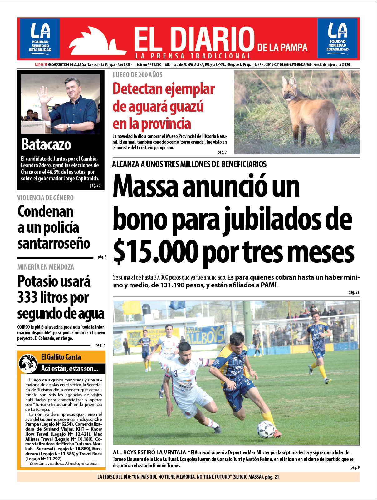 Tapa de El Diario en papel  lunes 18 de septiembre de 2023